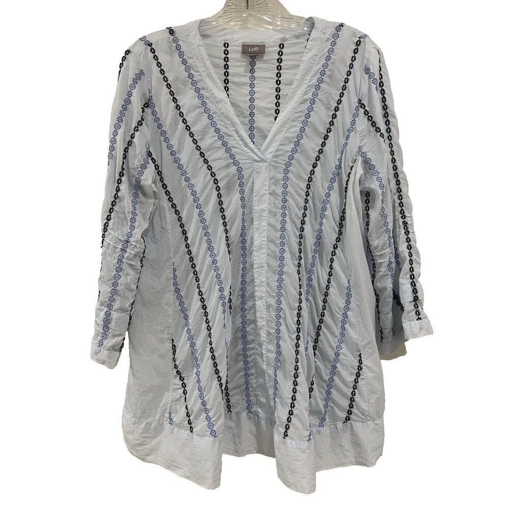 J. Jill Women's M Ice Blue Embroidered Stripe V-Neck Sheer Rayon Boho Tunic Top